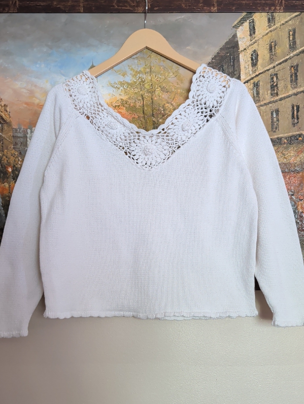 White Crochet Off The Shoulder V-Neck Cotton Knit Sweater